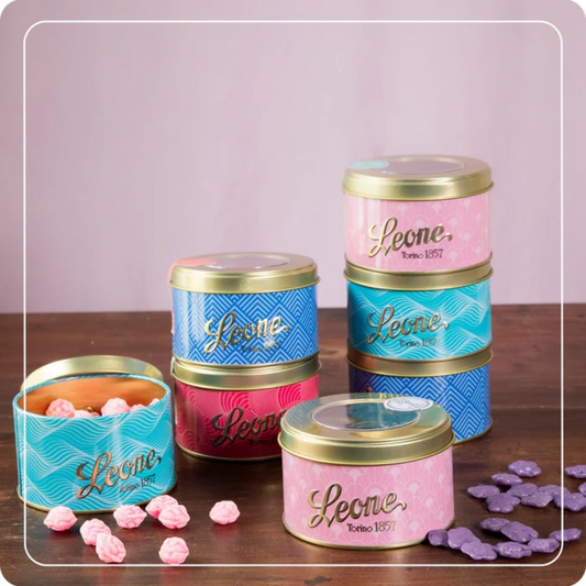 Assorterede Gelé runde metalkæsker - 150 gr.