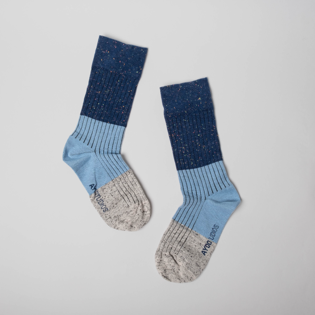 Ribbed Neps Cotton Sock / Mid Calf / Dark Blue/Sky Blue/Grey Melange
