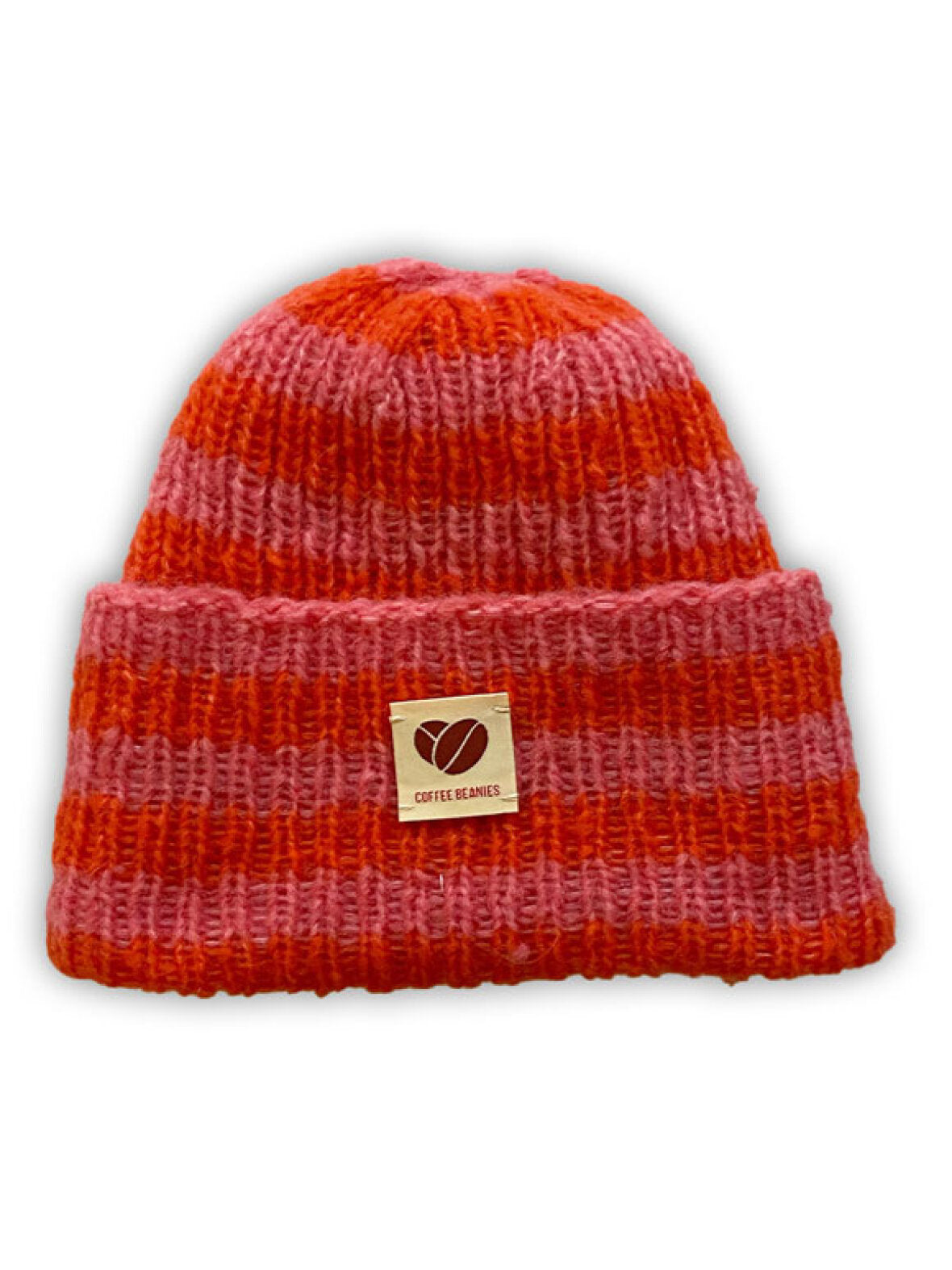 Stribet beanie / rød & orange