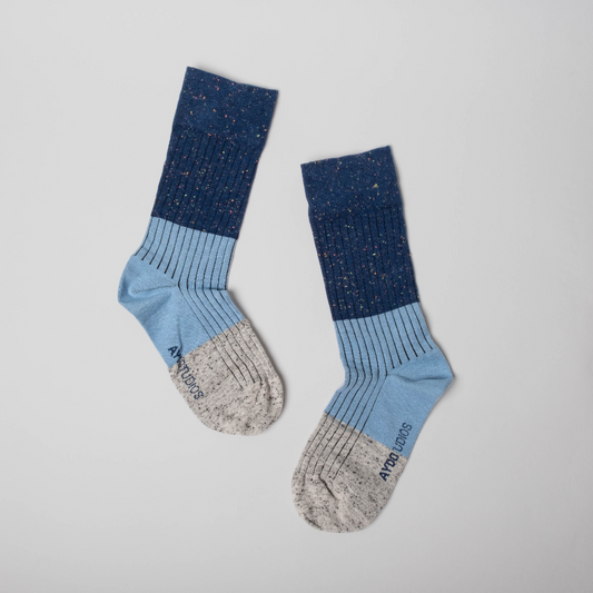 Ribbed Neps Cotton Sock / Mid Calf / Dark Blue/Sky Blue/Grey Melange