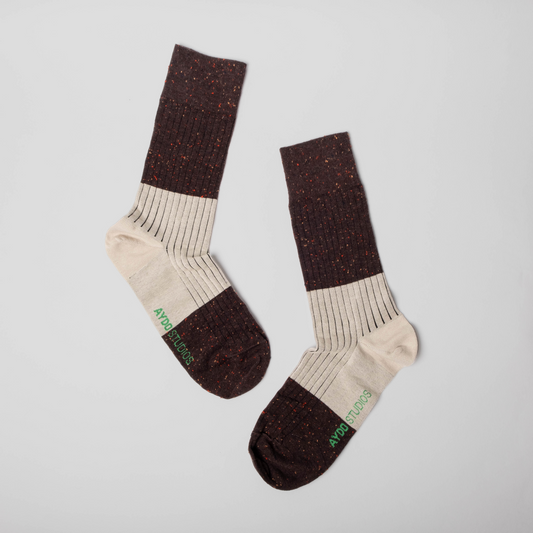 Ribbed Neps Cotton Sock / Mid Calf / Dark Brown/Clay White