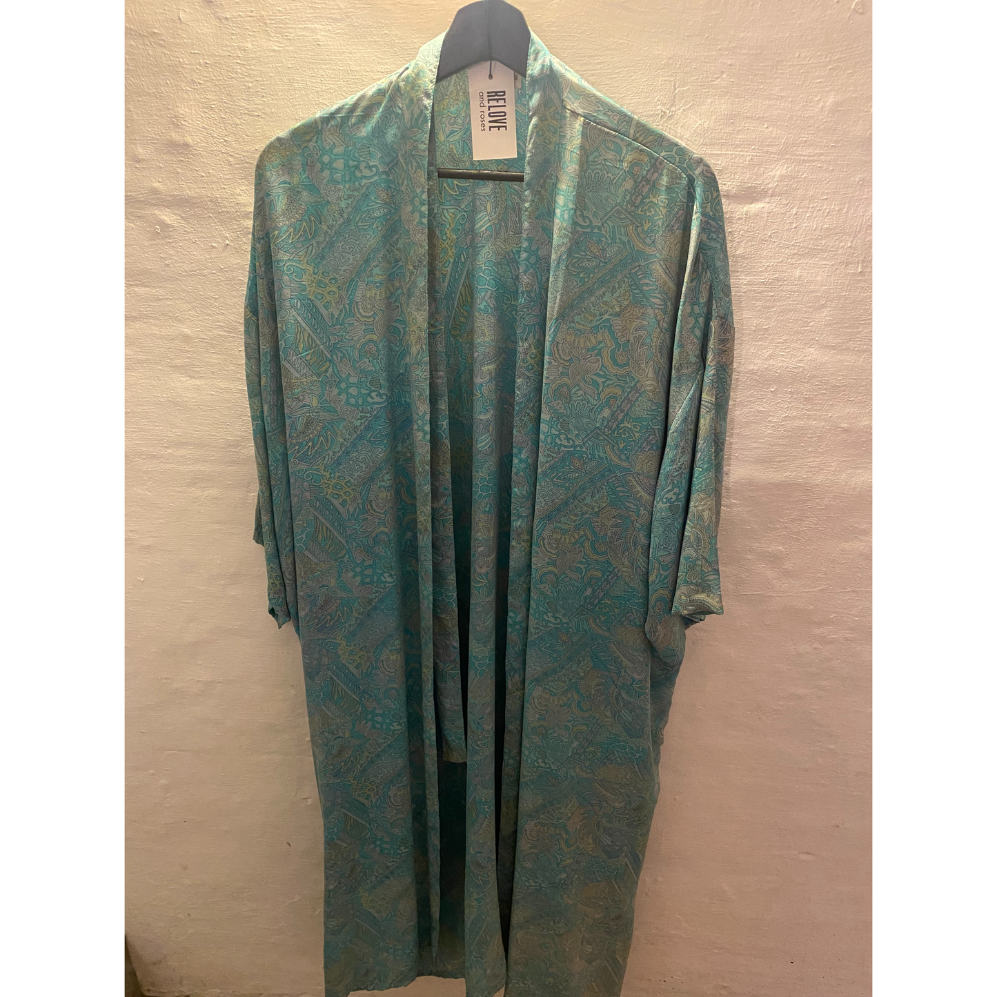 Silke kimono lang / Blå/Turkis mønstret