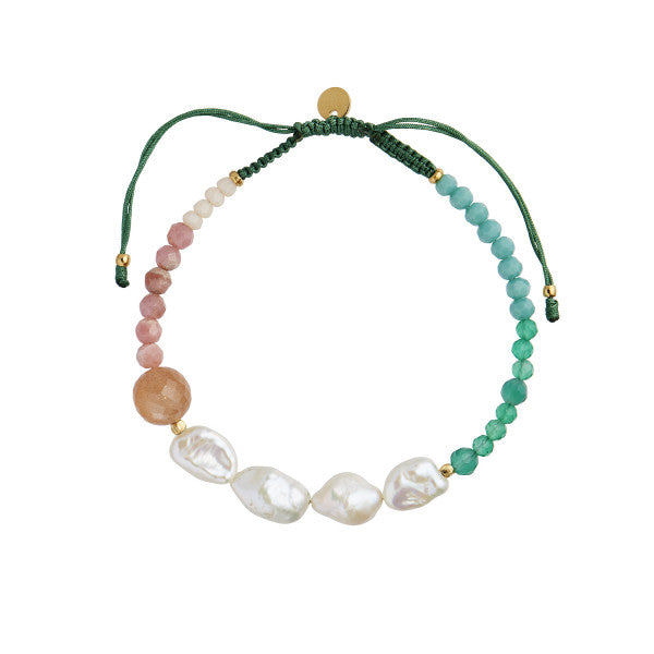 POWDER FALL BRACELET WITH STONES AND PEARLS AND PINE GREEN RIBBON