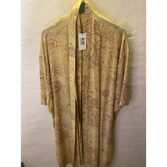 Silke kimono lang / Beige & rød mønstret