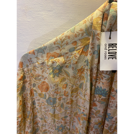 Silke kimono lang / Guld mønstret m. perler og uden ærmer